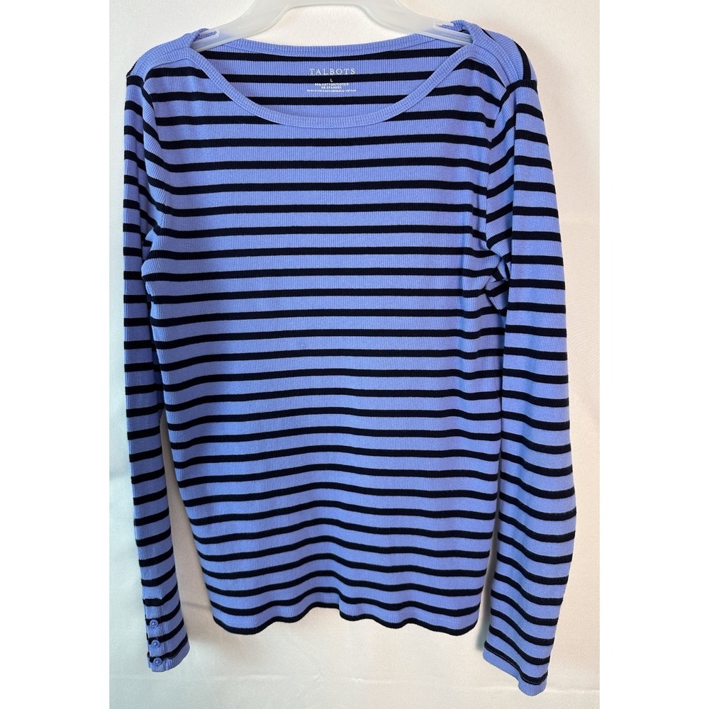 Talbots Ribbed Round Neck  Tee Top Women's Sz  L Blue & Navy Blue Striped